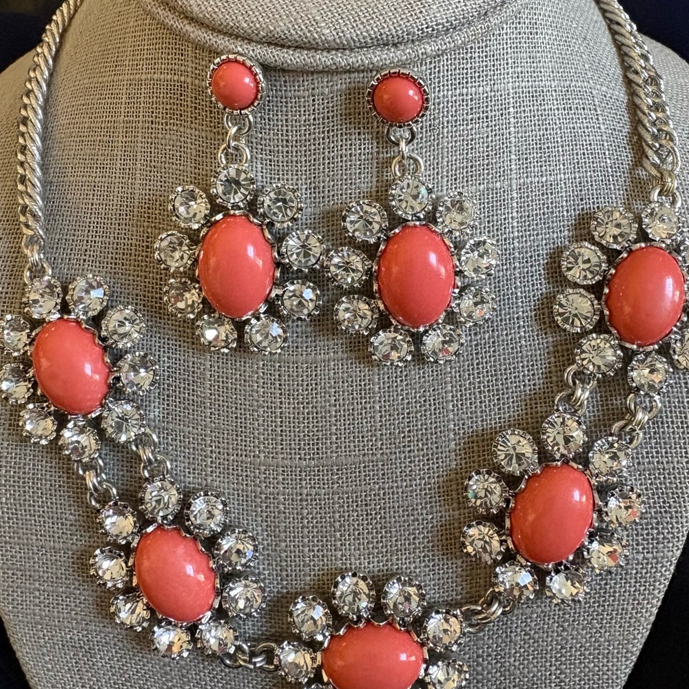 Badgley Mischka American Glamour Coral and Crystal earrings & necklace